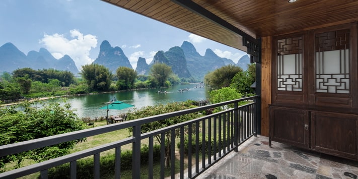Spectacular views of the Yulong River from your oversized private balcony. The best of Yangshuo family acocmmodation.